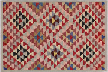 Flat Weave Kilim, Antique, Navaho, Vintage, Handmade, Modern Kilim Gray Pink Hand-Woven Rectangle 100% Wool Area Rug 5 x 6